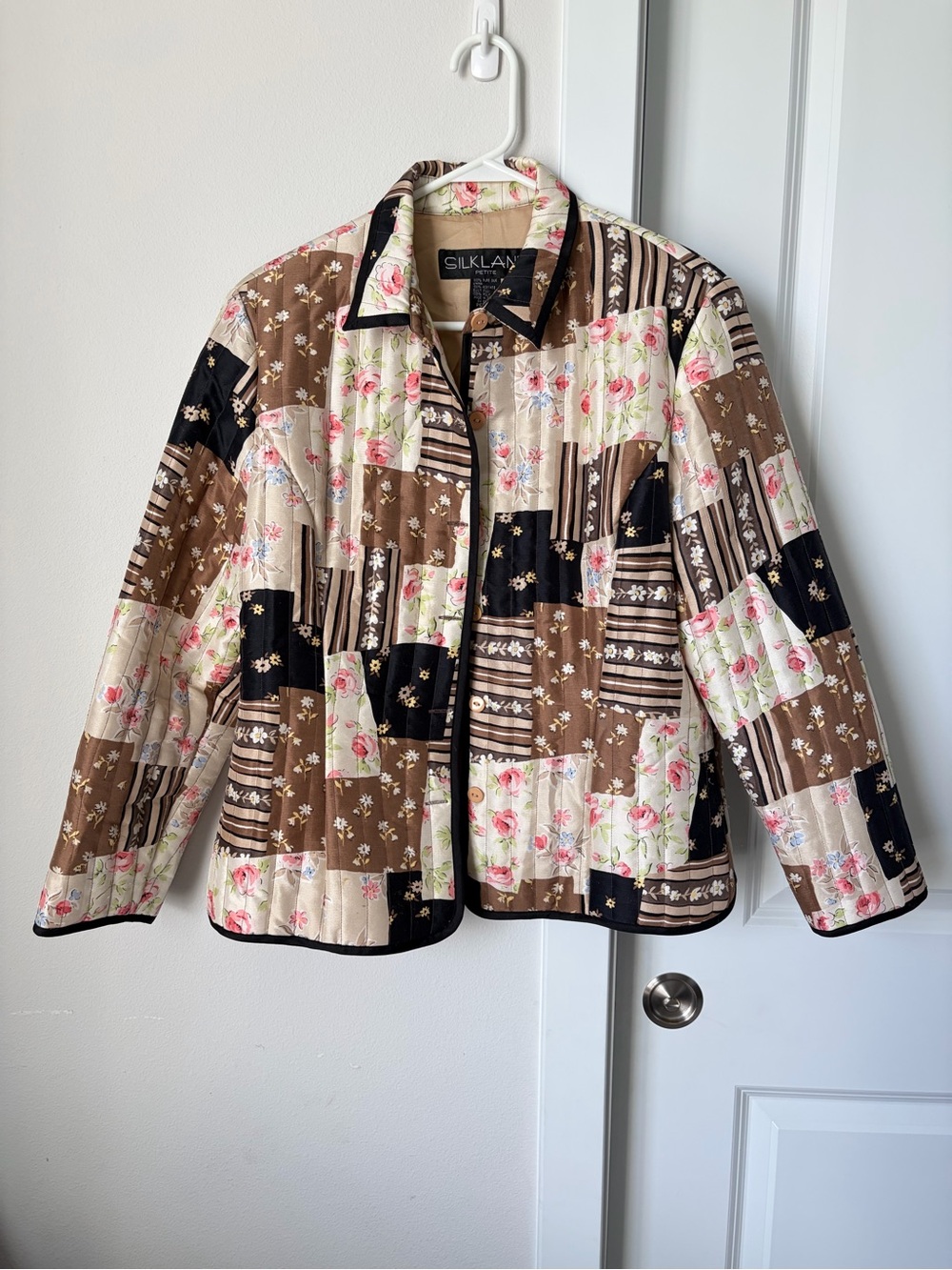 SilkLand Patchwork Quilted Jacket Size Petite Large Brown Boho Grandmacore - Picture 1 of 9